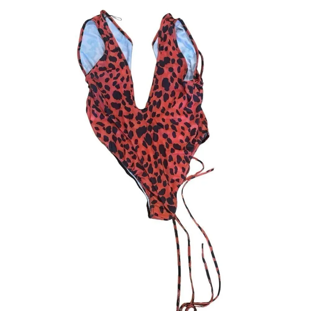 Prettylittlething Red Leopard Cut Out Wrap Around Swimsuit One Piece
